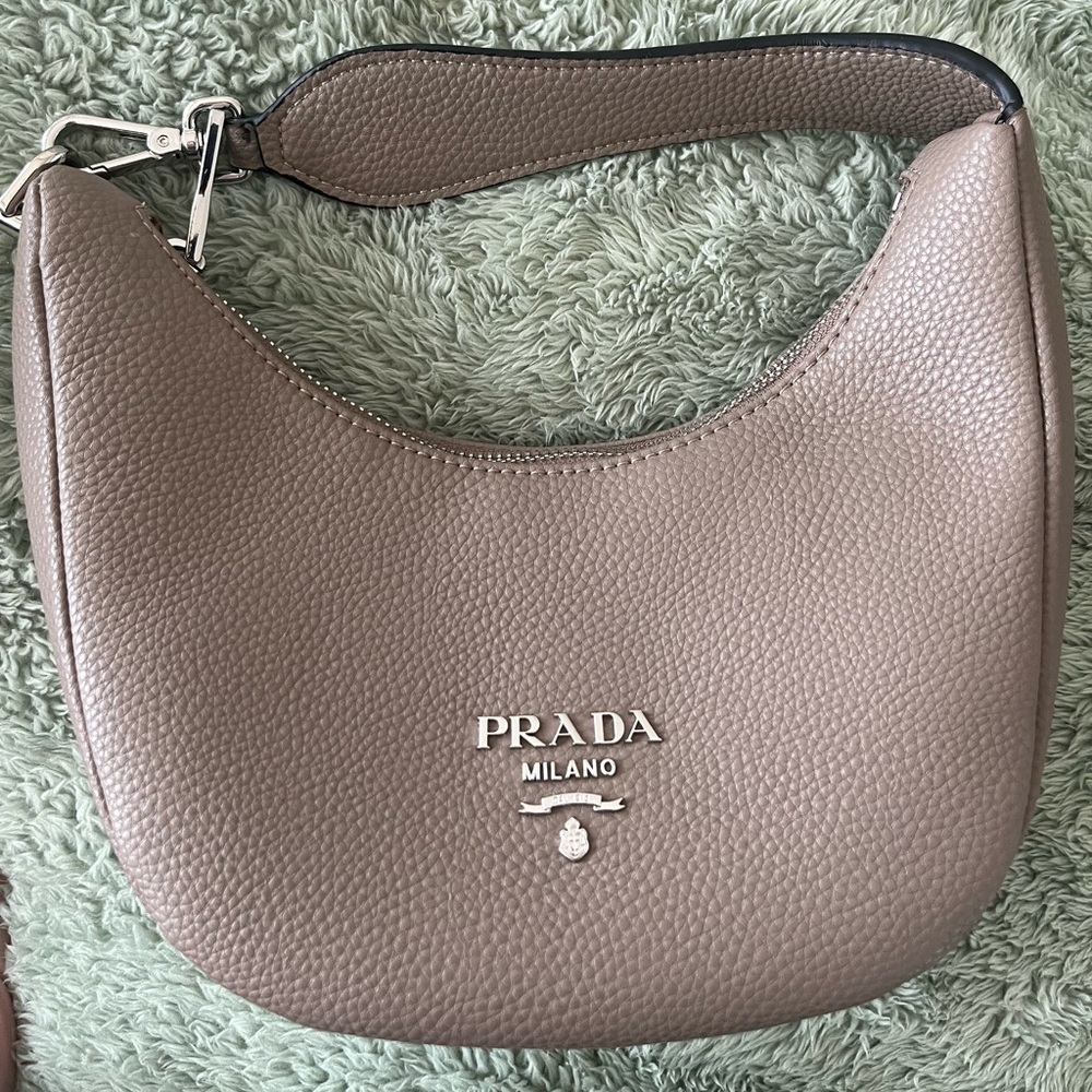 Prada Milano Taupe Pebbled Leather Shoulder Bag with Webbing Strap